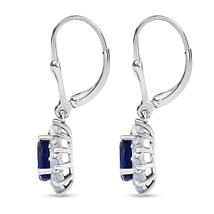 D'Joy Premium Kashmir Kyanite and Rainbow Moonstone 3.00 ctw Moonlit Halo Earrings in Rhodium Over Sterling Silver