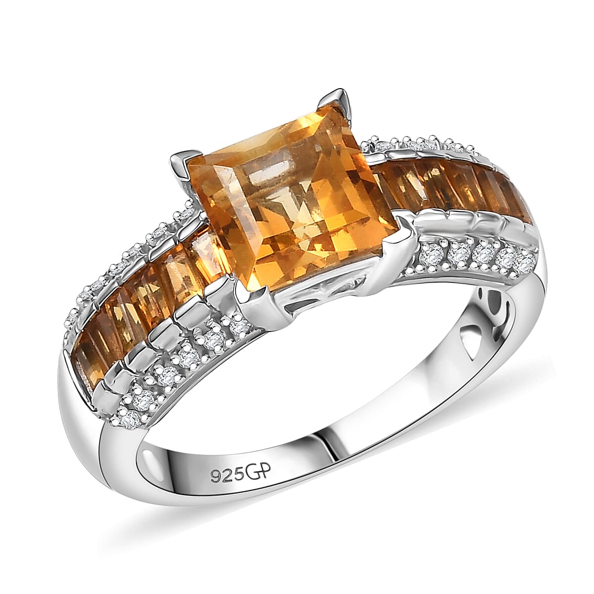 GP Royal Art Deco Collection Premium Brazilian Citrine and White Zircon 2.50 ctw Ring in Rhodium Over Sterling Silver (Size 10.0) image number 0