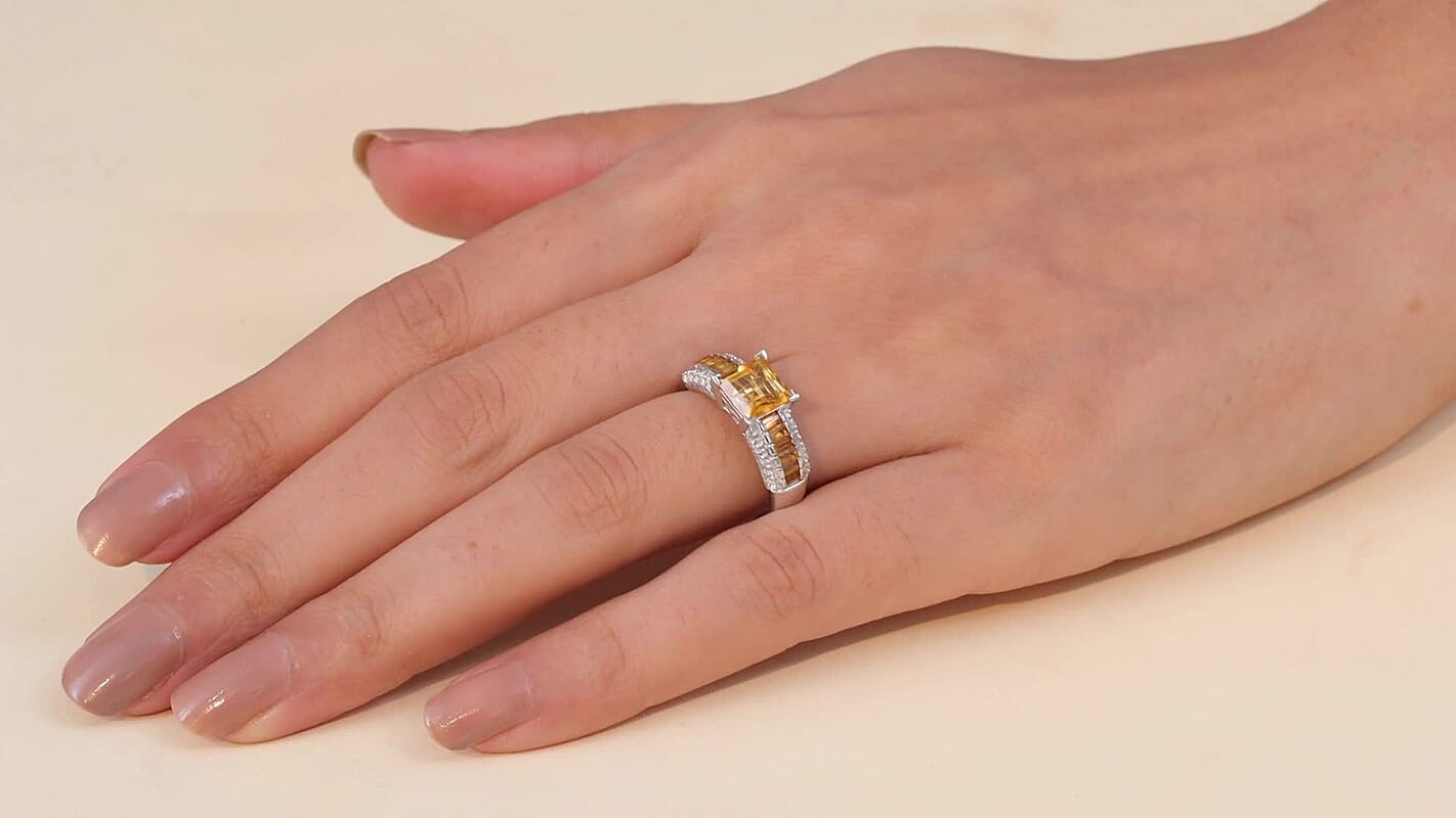 GP Premium Brazilian Citrine and White Zircon 2.65 ctw Ring in Rhodium Over Sterling Silver (Size 7.0)