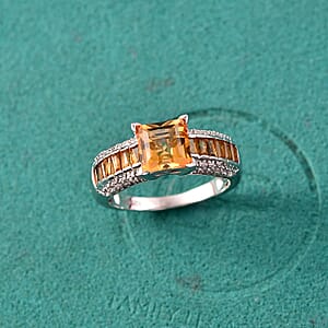 GP Royal Art Deco Collection Premium Brazilian Citrine and White Zircon 2.50 ctw Ring in Rhodium Over Sterling Silver (Size 10.0)