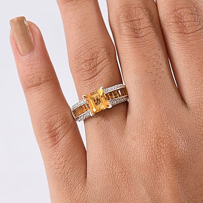 GP Royal Art Deco Collection Premium Brazilian Citrine and White Zircon 2.50 ctw Ring in Rhodium Over Sterling Silver (Size 10.0)