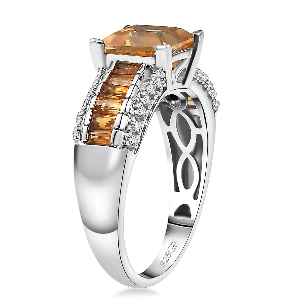 GP Royal Art Deco Collection Premium Brazilian Citrine and White Zircon 2.50 ctw Ring in Rhodium Over Sterling Silver (Size 10.0) image number 4