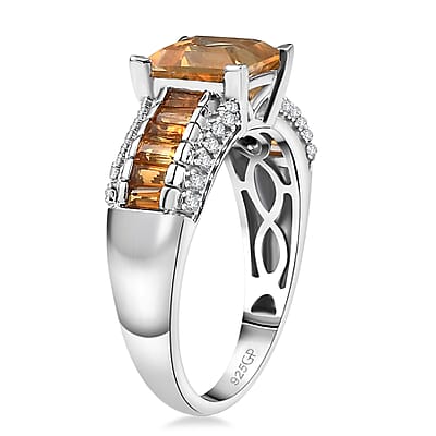 GP Royal Art Deco Collection Premium Brazilian Citrine and White Zircon 2.50 ctw Ring in Rhodium Over Sterling Silver (Size 10.0)