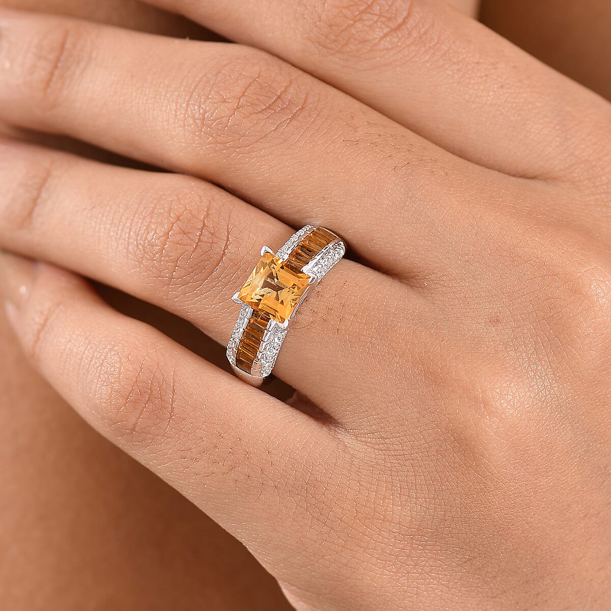 GP Royal Art Deco Collection Premium Brazilian Citrine and White Zircon 2.50 ctw Ring in Rhodium Over Sterling Silver (Size 6.0) image number 3