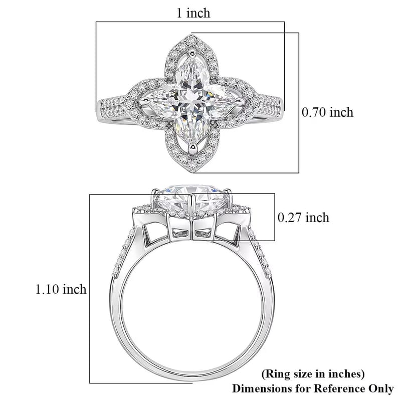 D'Joy Clover Cut Moissanite 3.10 ctw Royal Bloom Ring in Rhodium Over Sterling Silver (Size 10.0)