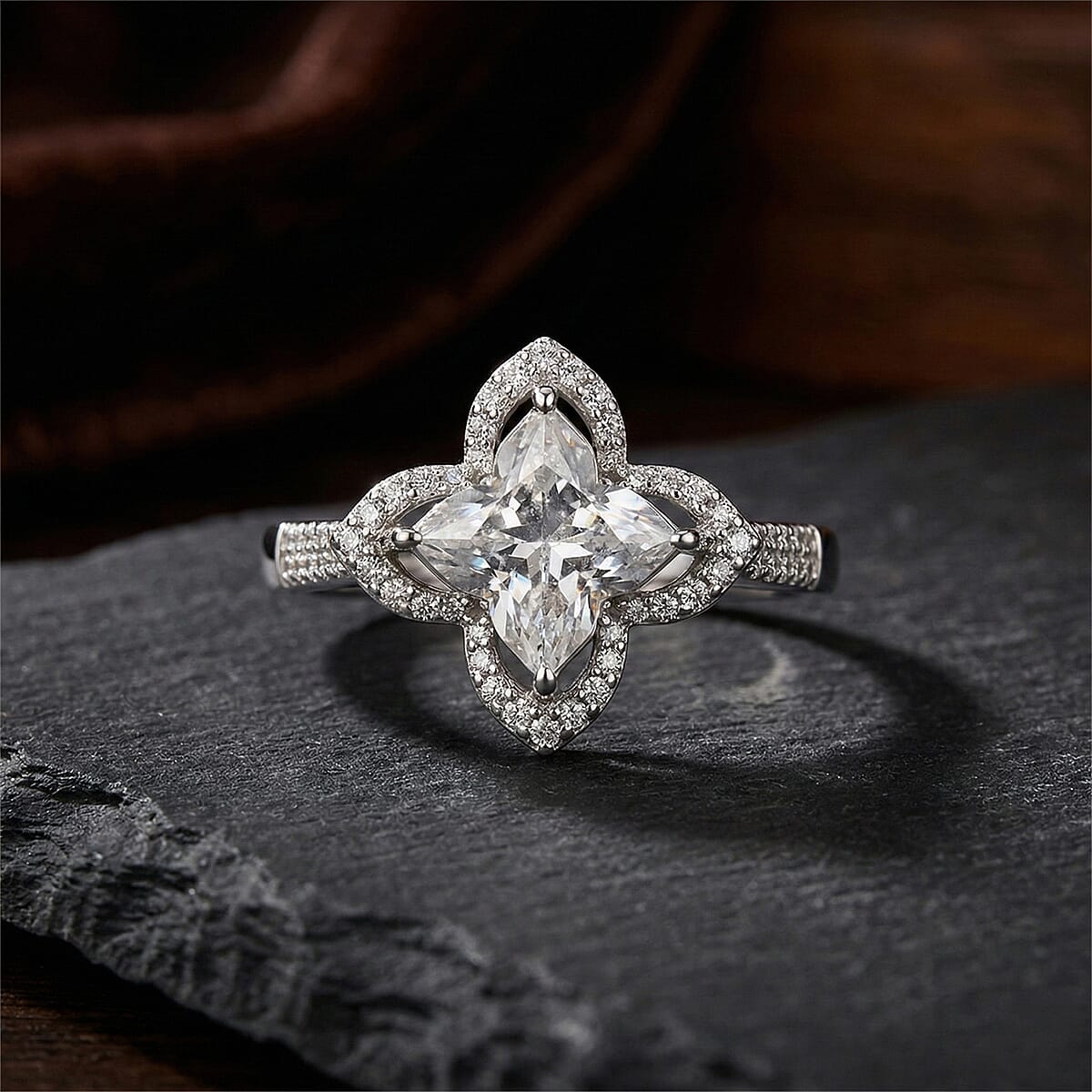 D'Joy Clover Cut Moissanite 3.10 ctw Royal Bloom Ring in Rhodium Over Sterling Silver (Size 11.0) image number 1