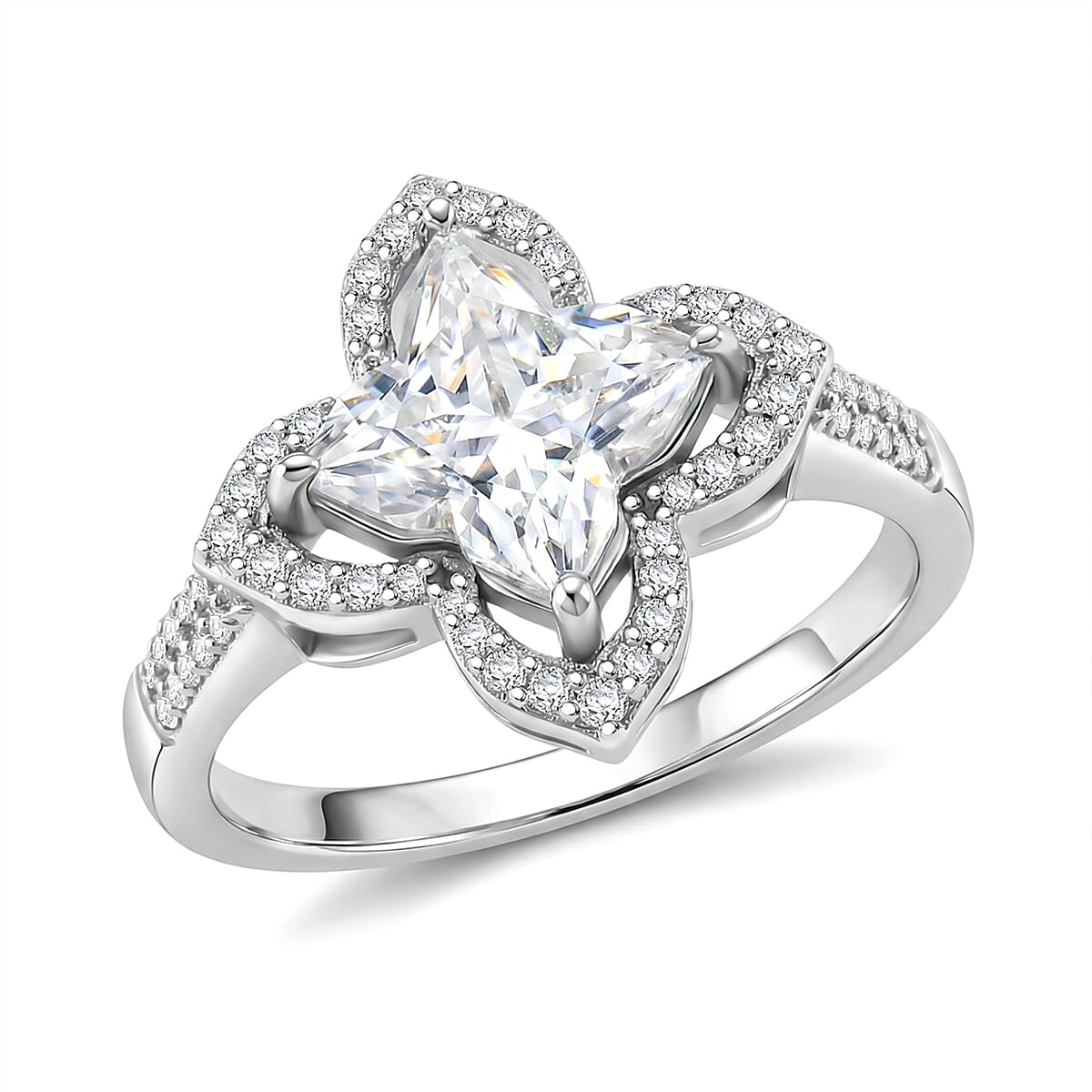 D'Joy Clover Cut Moissanite 3.10 ctw Royal Bloom Ring in Rhodium Over Sterling Silver (Size 6.0)