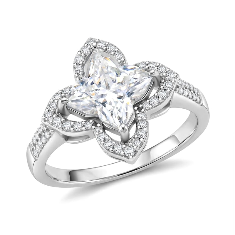 D'Joy Clover Cut Moissanite 3.10 ctw Royal Bloom Ring in Rhodium Over Sterling Silver (Size 6.0)