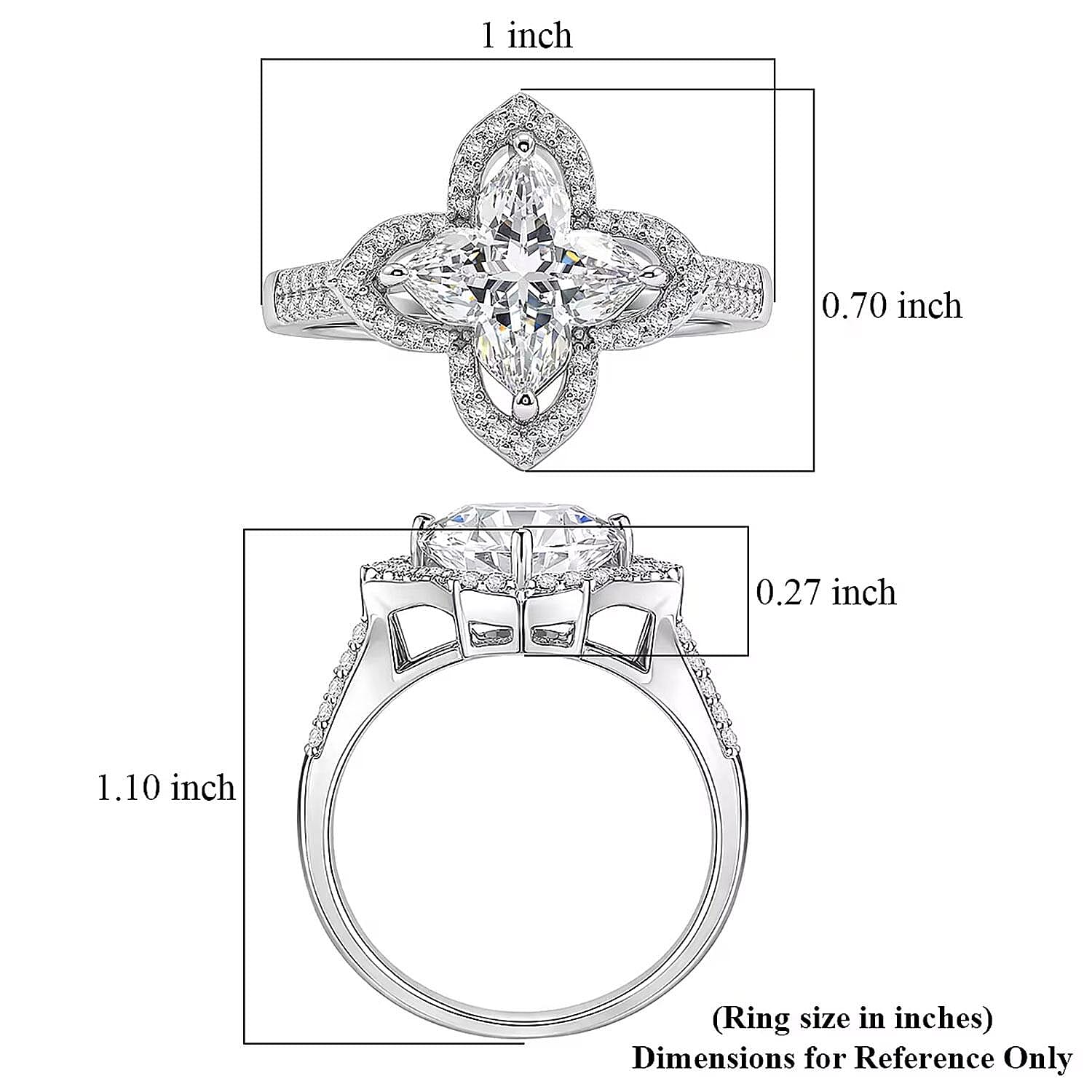 D'Joy Clover Cut Moissanite 3.10 ctw Royal Bloom Ring in Rhodium Over Sterling Silver (Size 6.0)