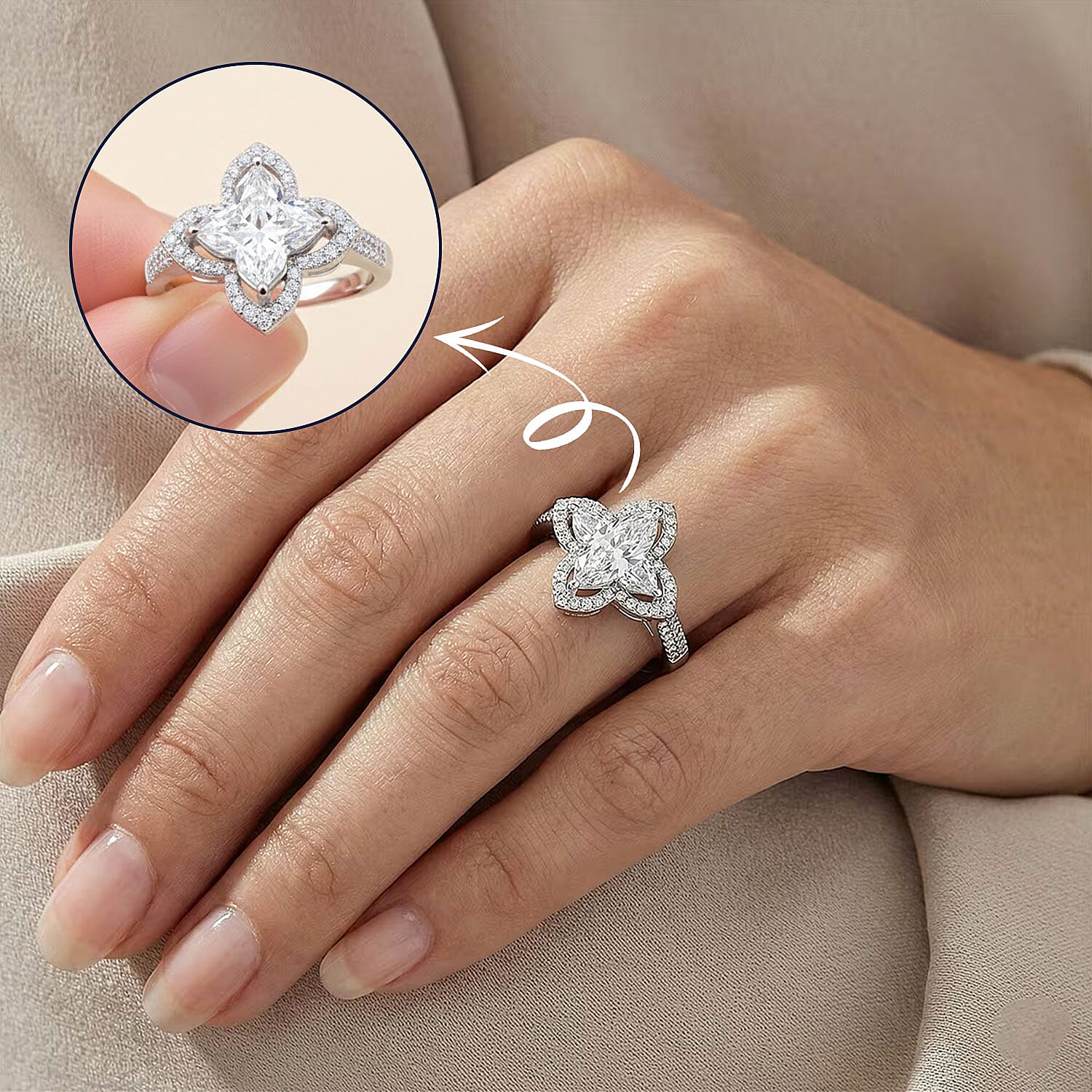 D'Joy Clover Cut Moissanite 3.10 ctw Royal Bloom Ring in Rhodium Over Sterling Silver (Size 7.0)