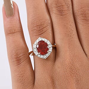 Host Pick 10K Yellow Gold AAAA Salamanca Fire Opal, Luxuriant Lab Grown Diamond (G-H, SI) Ring (Size 10.0) 2.21 ctw