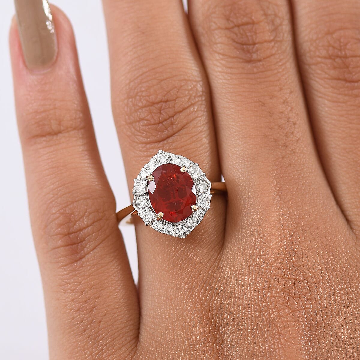 Host Pick 10K Yellow Gold AAAA Salamanca Fire Opal, Luxuriant Lab Grown Diamond (G-H, SI) Ring (Size 9.0) 2.21 ctw image number 2