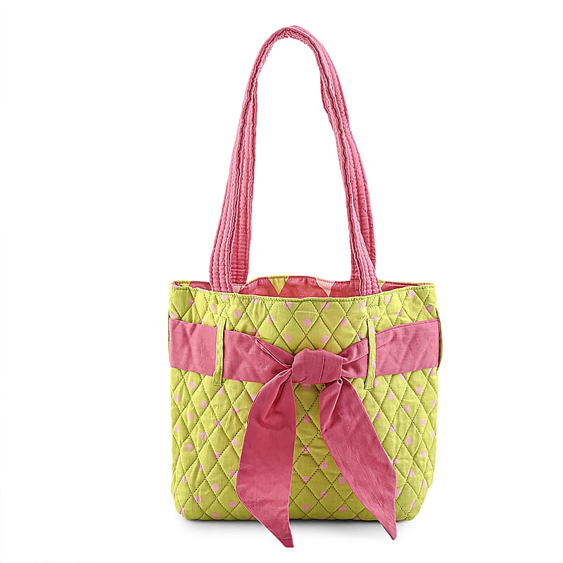 Vegas Closeout OK Green & Pink Polka Dot Quilted Shoulder Bag