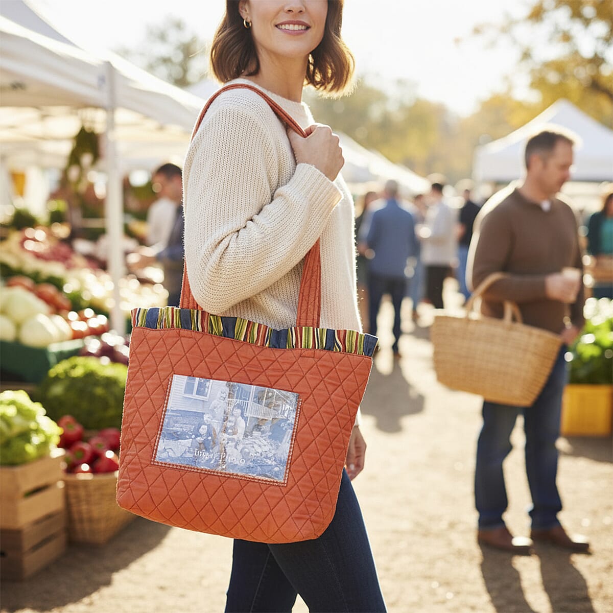 Vegas Closeout OK Burnt Orange Quilted Shoulder Bag with Photo Pocket image number 1
