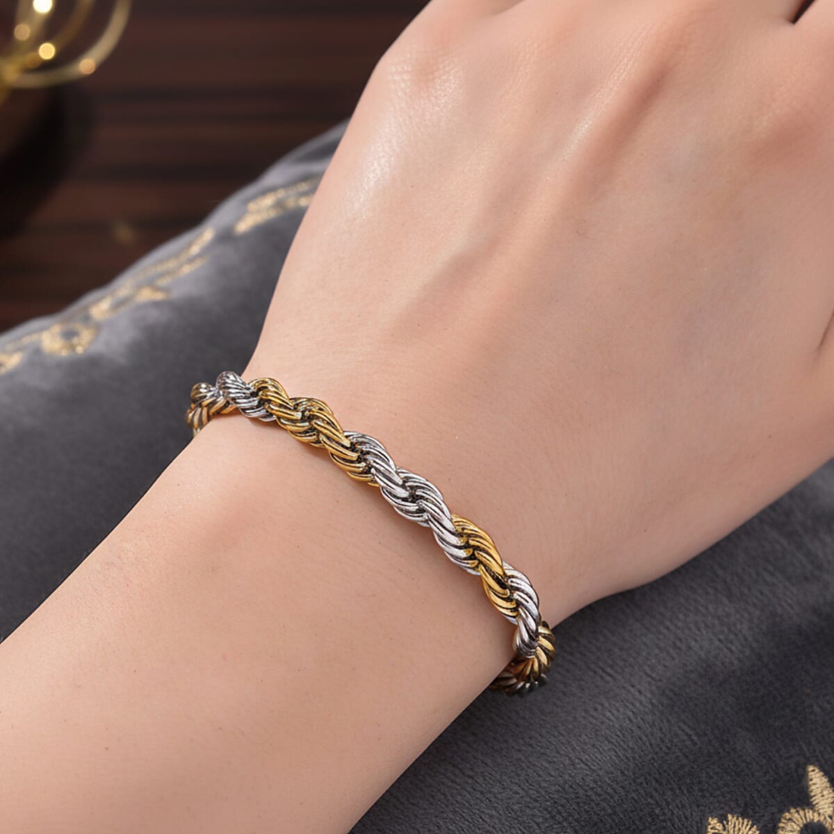 Rope Chain Bracelet in ION Plated YG and Stainless Steel (7-9In) image number 2