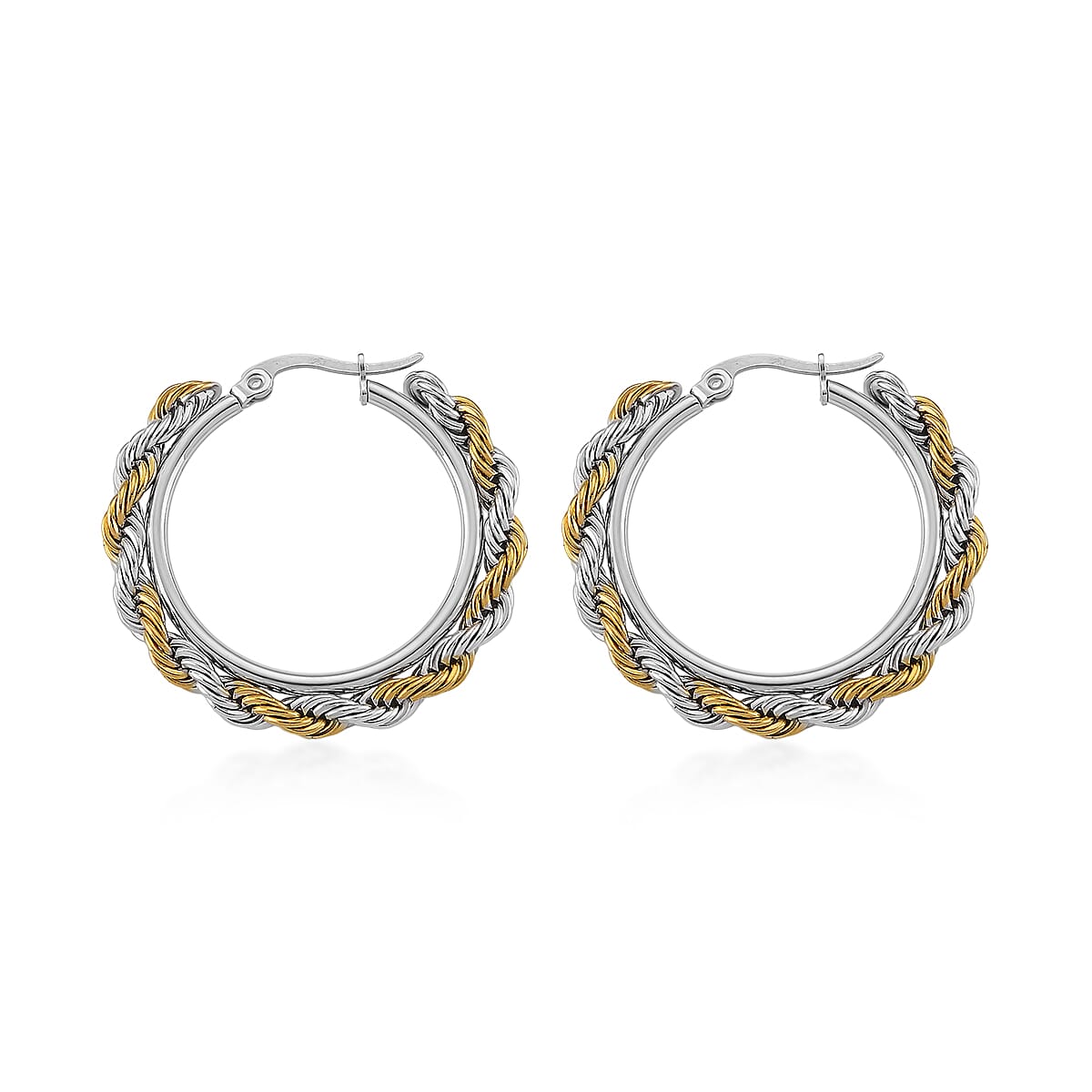 Rope Chain Hoop Earrings in ION Plated YG and Stainless Steel image number 3