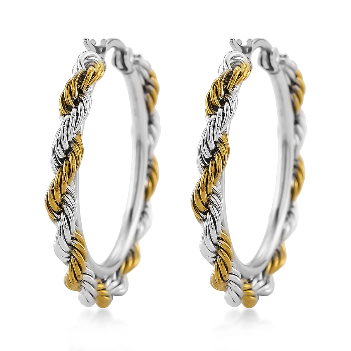 Rope Chain Hoop Earrings in ION Plated YG and Stainless Steel image number 4