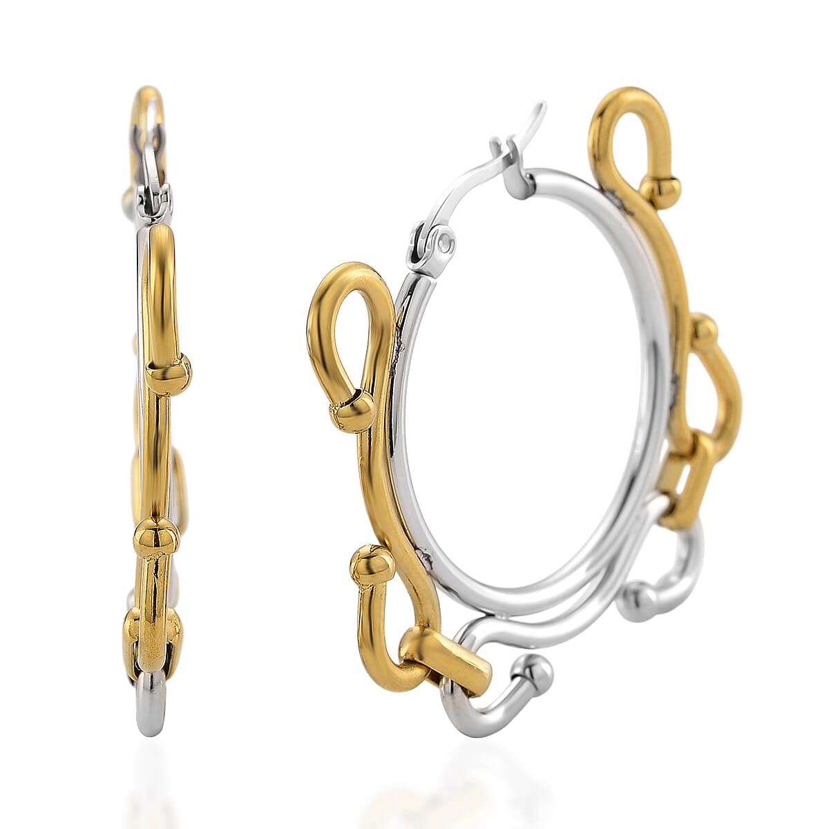 Modern Wave Link Hoop Earrings in ION Plated YG and Stainless Steel image number 0