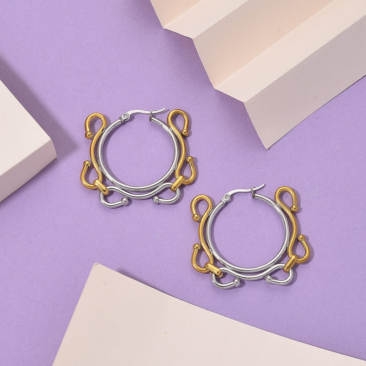 Modern Wave Link Hoop Earrings in ION Plated YG and Stainless Steel image number 1