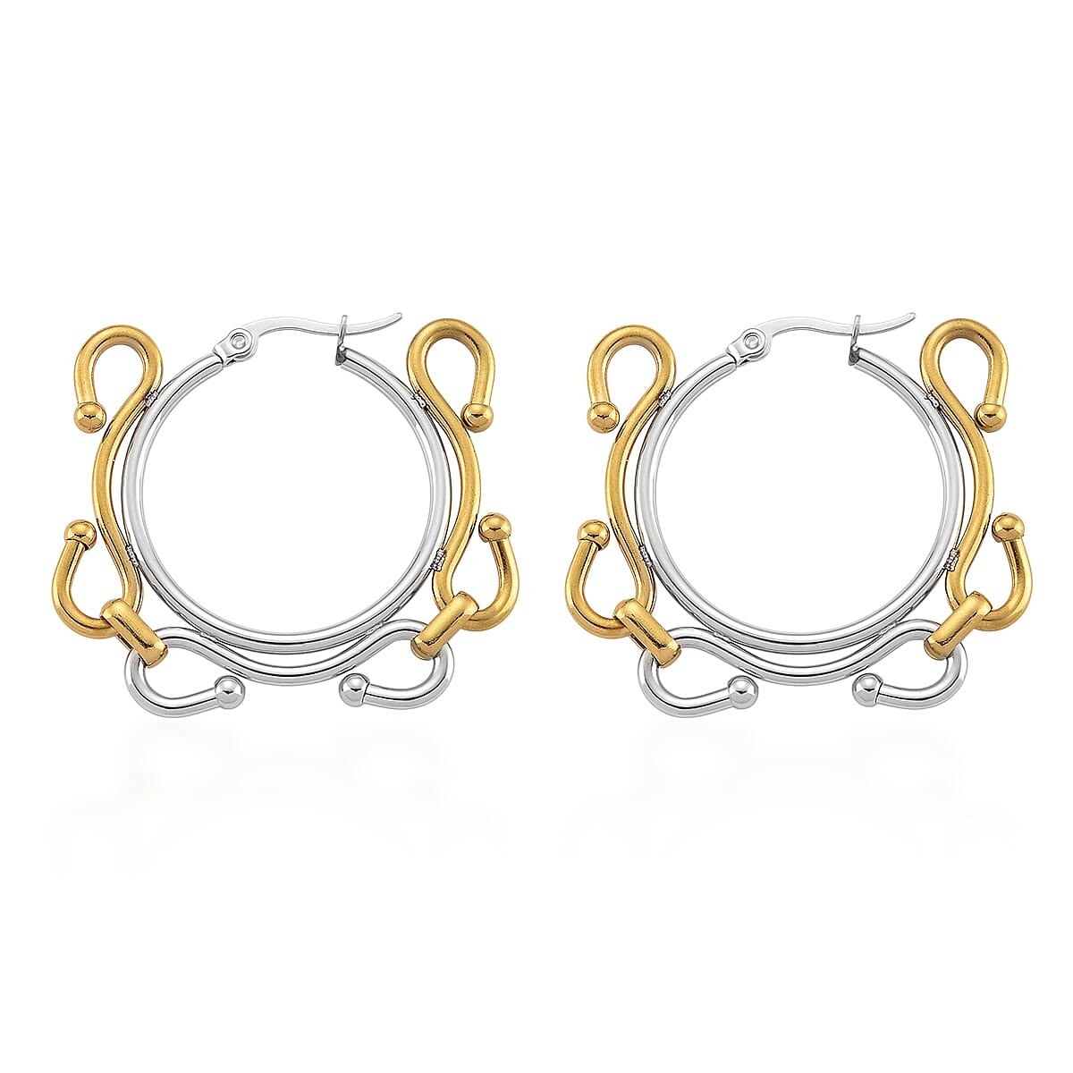 Modern Wave Link Hoop Earrings in ION Plated YG and Stainless Steel image number 3