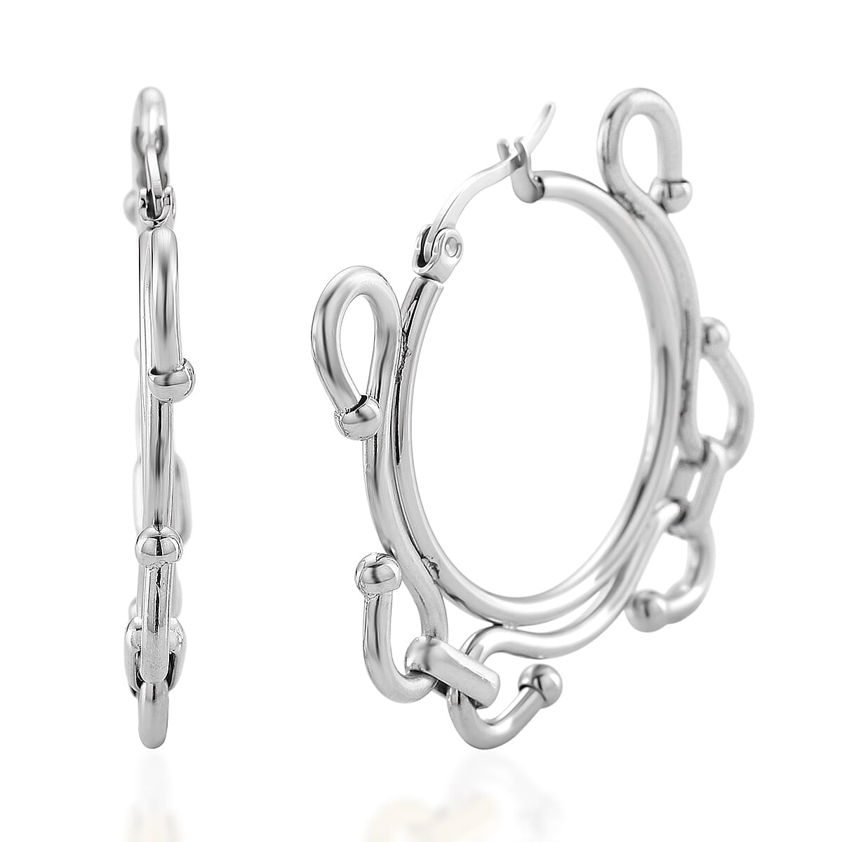 Modern Wave Link Hoop Earrings in Stainless Steel image number 0