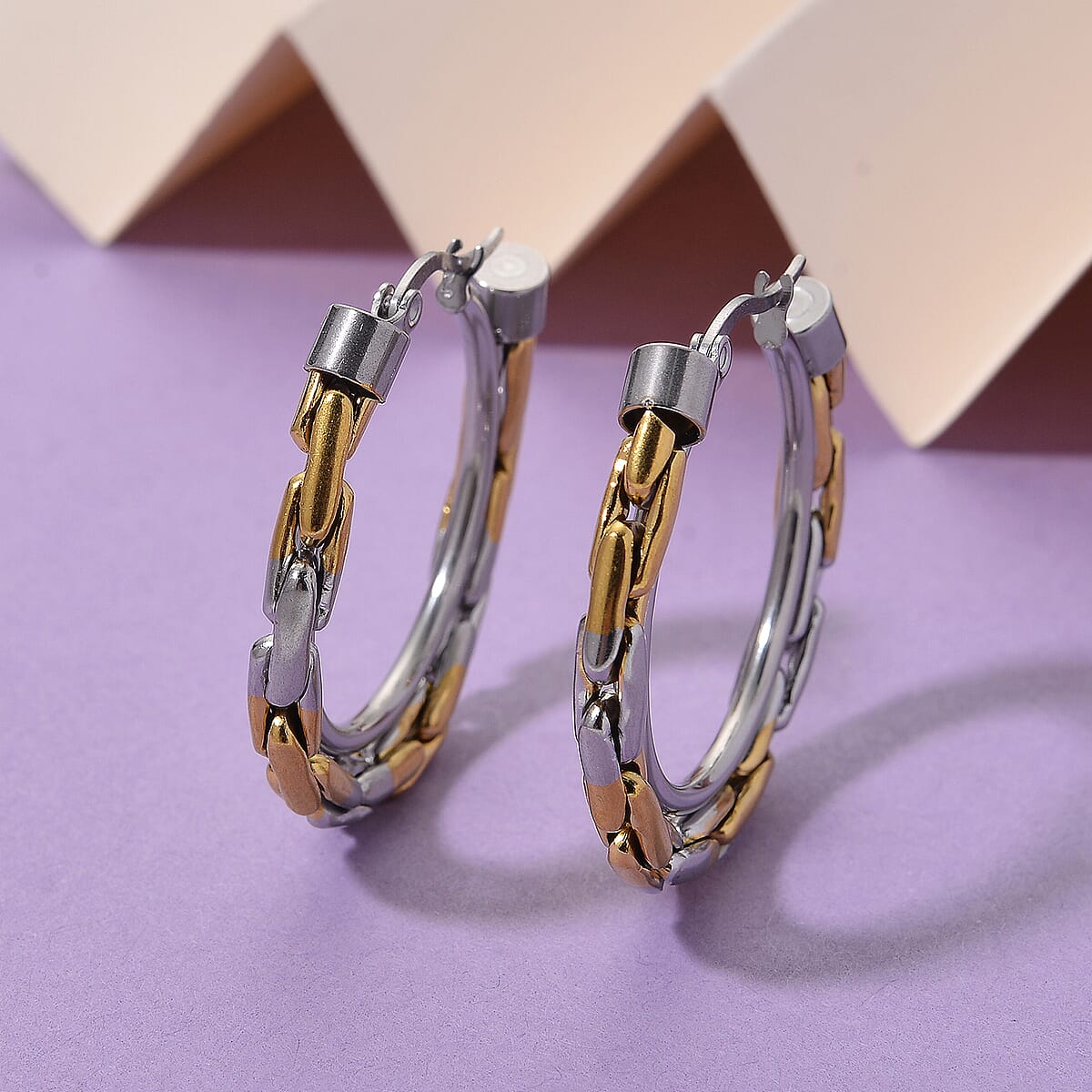 Hammer Circular Hoop Earrings in ION Plated YG Stainless Steel image number 1