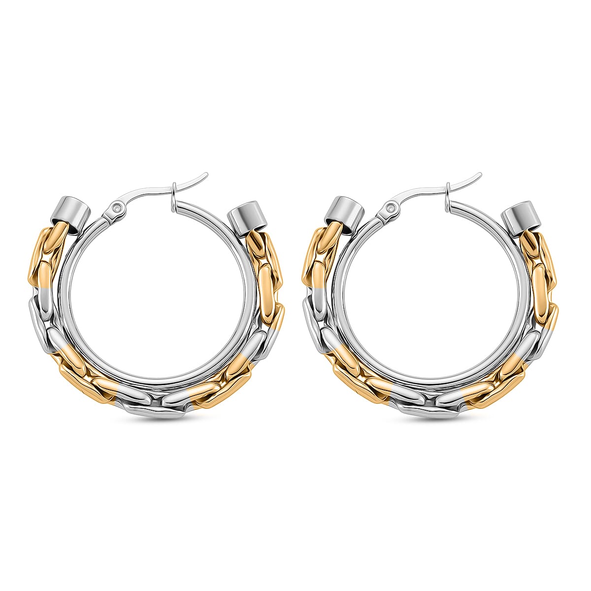 Hammer Circular Hoop Earrings in ION Plated YG Stainless Steel image number 3