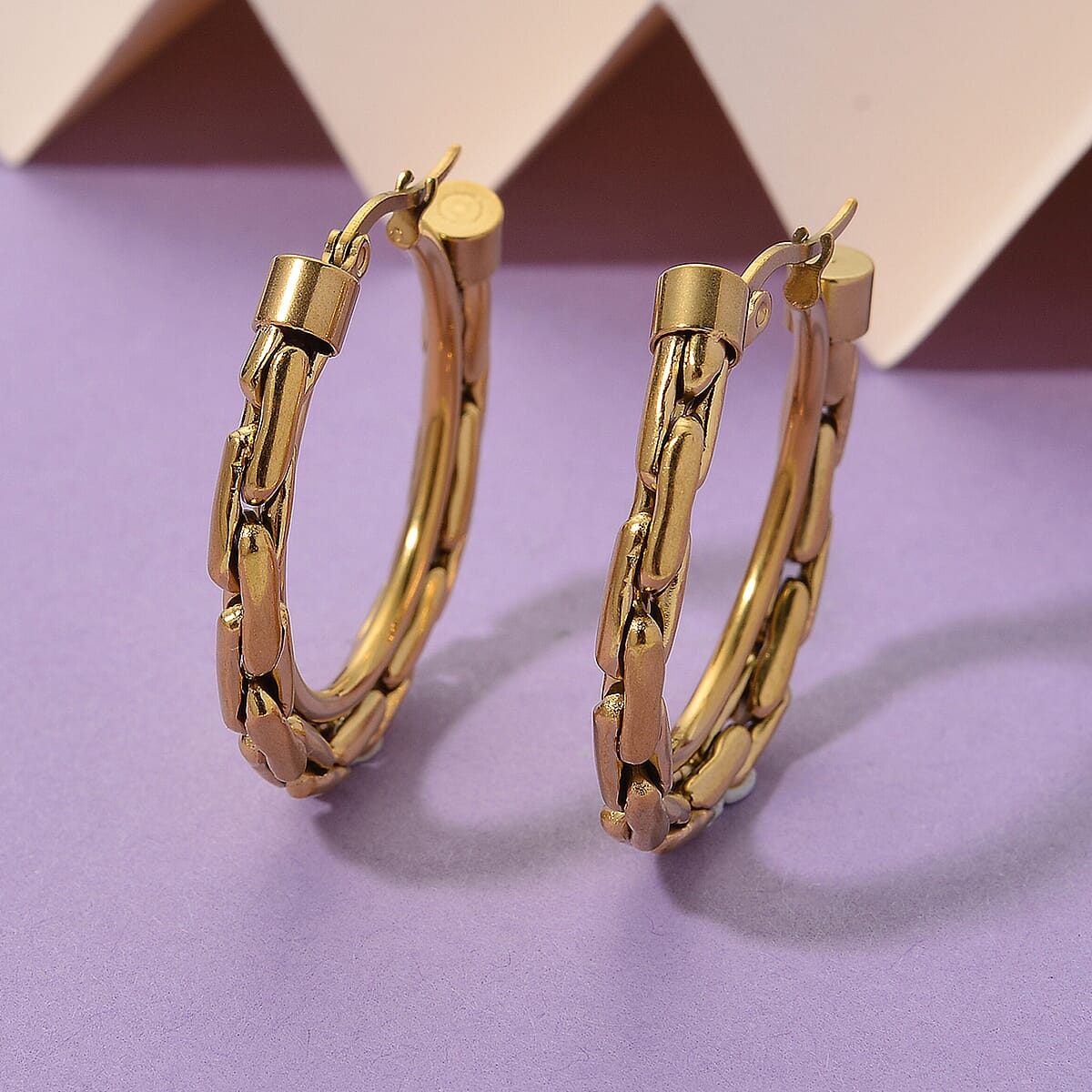 Hammer Circular Hoop Earrings in ION Plated YG Stainless Steel image number 1