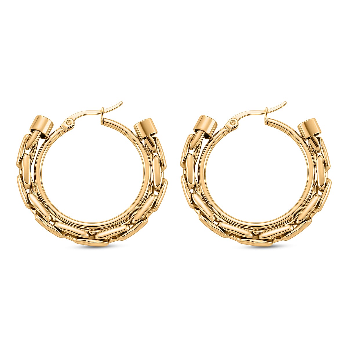 Hammer Circular Hoop Earrings in ION Plated YG Stainless Steel image number 3