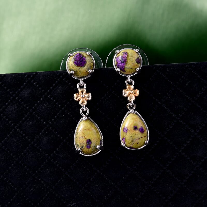 EverTrue Tasmanian Stichtite 7.00 ctw Earth Blossom Drop Earrings in 18K YG Plated and Platinum Bond