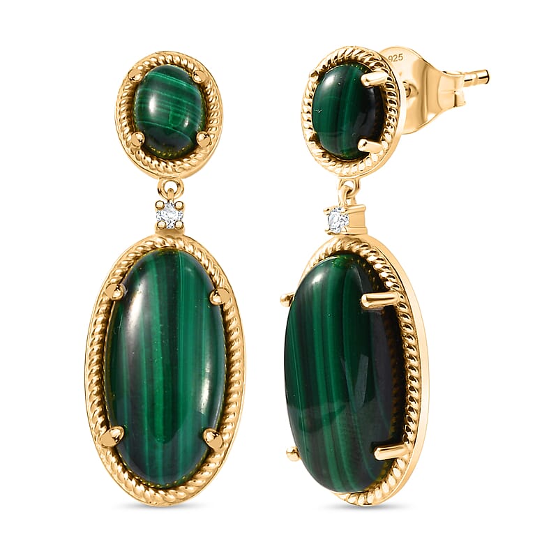 EverTrue African Malachite and White Zircon 31.25 ctw Earrings in 18K YG Plated