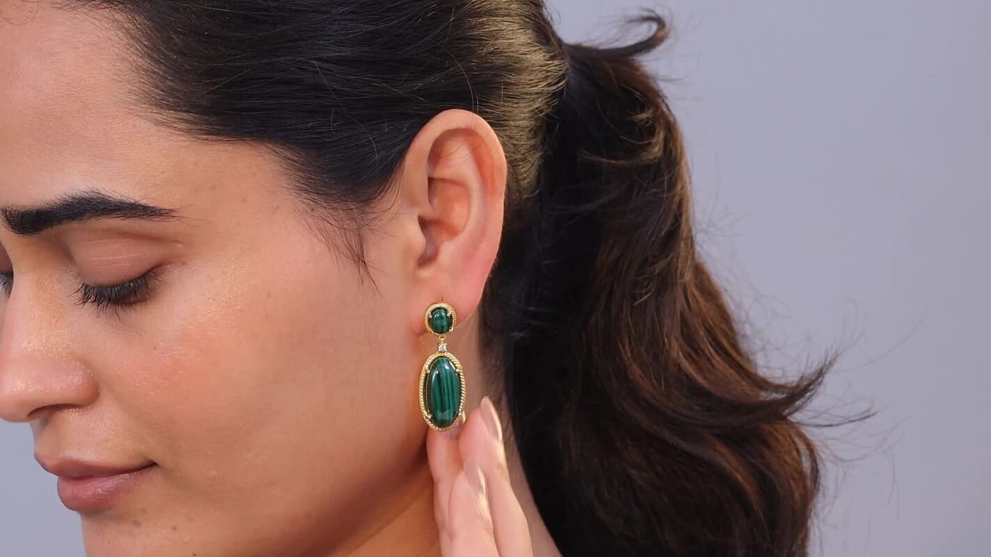 EverTrue African Malachite and White Zircon 31.25 ctw Earrings in 18K YG Plated