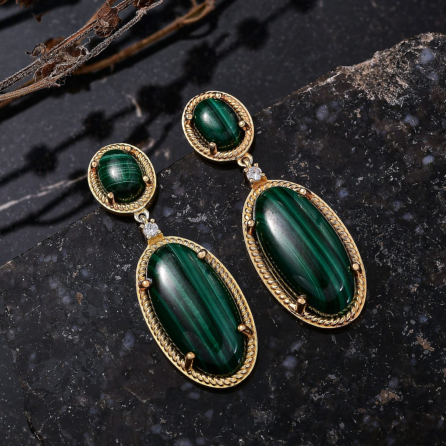 EverTrue African Malachite and White Zircon 31.25 ctw Earrings in 18K YG Plated