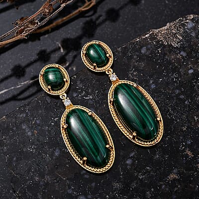 EverTrue African Malachite and White Zircon 31.25 ctw Earrings in 18K YG Plated