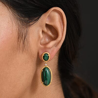 EverTrue African Malachite and White Zircon 31.25 ctw Earrings in 18K YG Plated