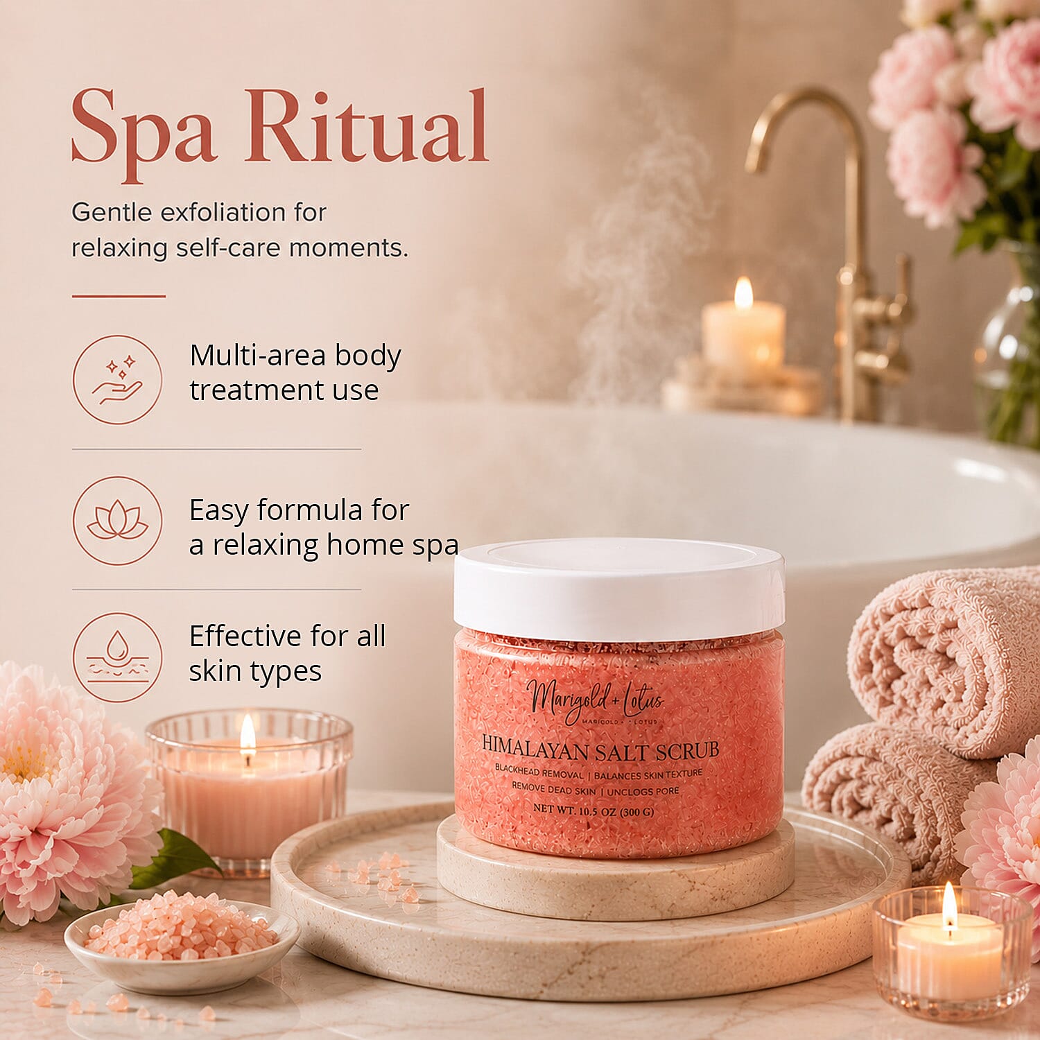 Marigold and Lotus Himalayan Salt Body Scrub - Moisturizing and Exfoliating Body, Face, Hand, Foot Scrub 10.5 oz/ 300g