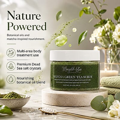 Marigold and Lotus Matcha Green Tea Scrub - Moisturizing and Exfoliating Body, Face, Hand, Foot Scrub 10.5 oz/ 300g