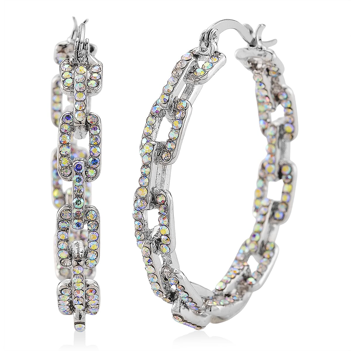Simulated Mystic White Crystal Paper Clip Hoop Earrings in Silvertone image number 0