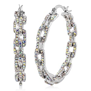 Simulated Mystic White Crystal Paper Clip Hoop Earrings in Silvertone