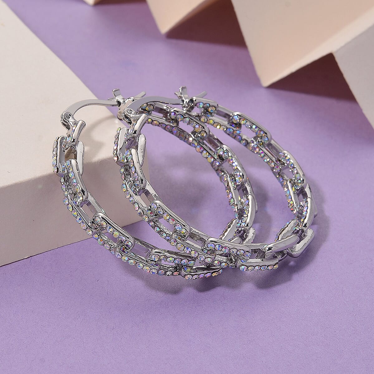 Simulated Mystic White Crystal Paper Clip Hoop Earrings in Silvertone image number 1