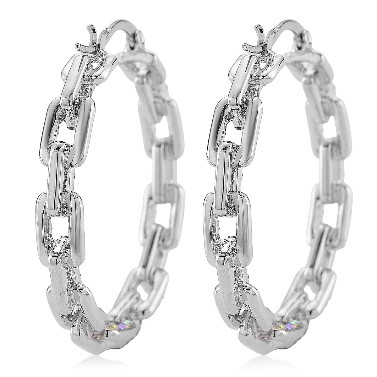 Simulated Mystic White Crystal Paper Clip Hoop Earrings in Silvertone image number 3