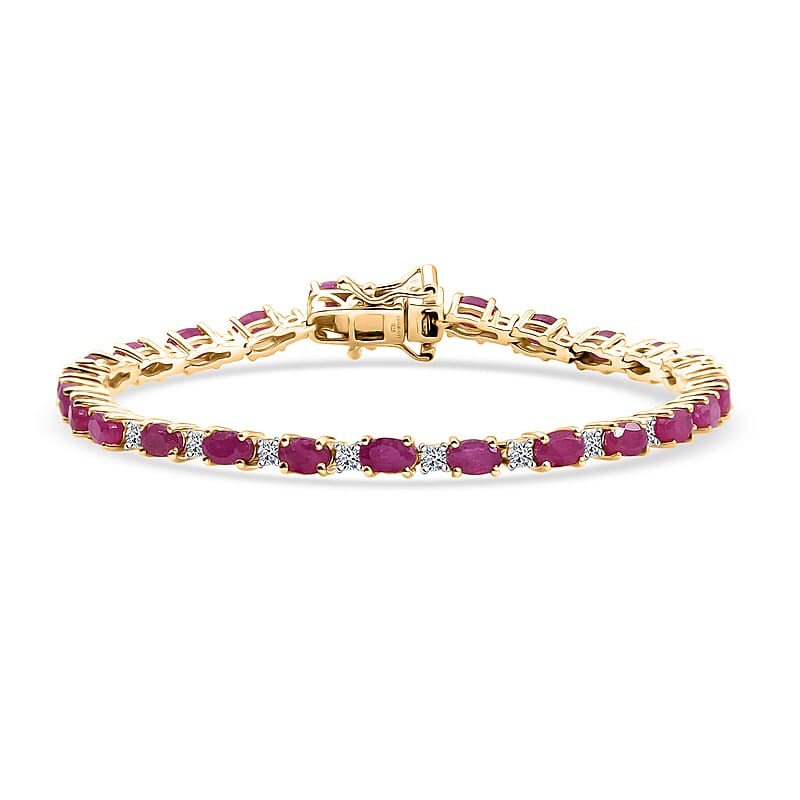 AAA Royal Ruby and Luxuriant Lab Grown Diamond G-H SI 9.75 ctw Bracelet in 18K Vermeil Yellow Gold Over Sterling Silver (7.25 In)