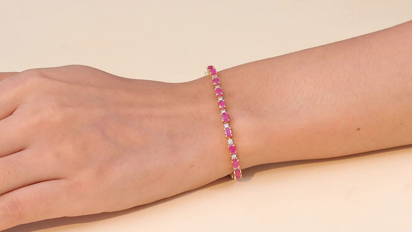AAA Royal Ruby and Luxuriant Lab Grown Diamond G-H SI 9.75 ctw Bracelet in 18K Vermeil Yellow Gold Over Sterling Silver (7.25 In)