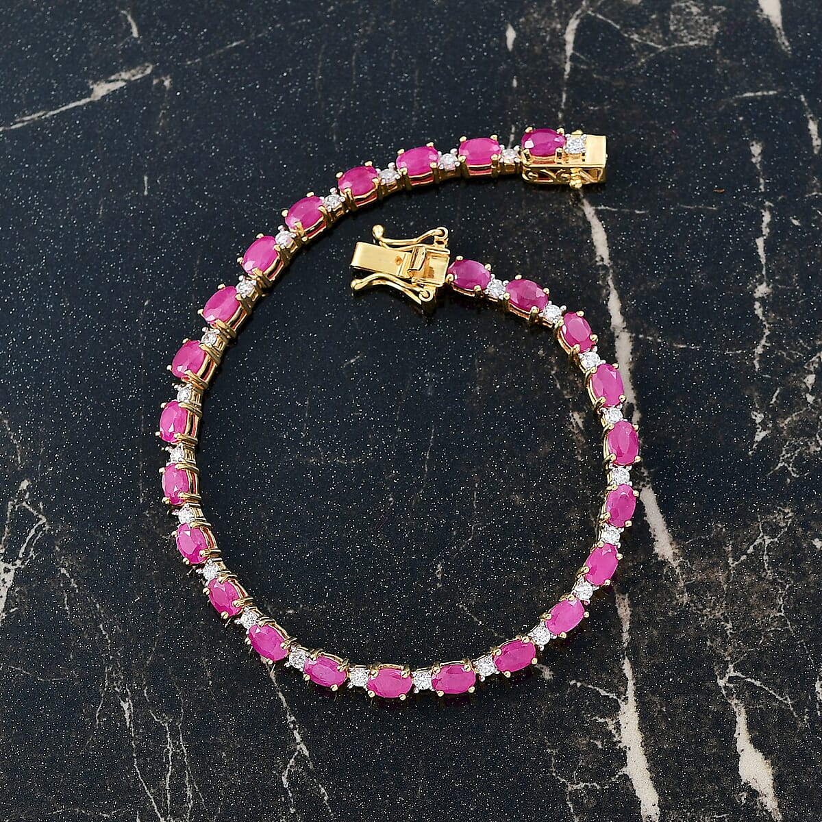 AAA Royal Ruby and Luxuriant Lab Grown Diamond G-H SI 9.75 ctw Bracelet in 18K Vermeil Yellow Gold Over Sterling Silver (7.25 In) image number 1