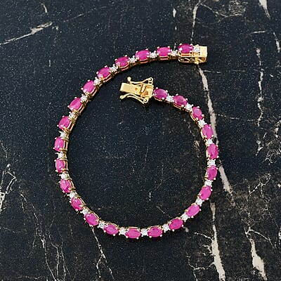 AAA Royal Ruby and Luxuriant Lab Grown Diamond G-H SI 9.75 ctw Bracelet in 18K Vermeil Yellow Gold Over Sterling Silver (7.25 In)