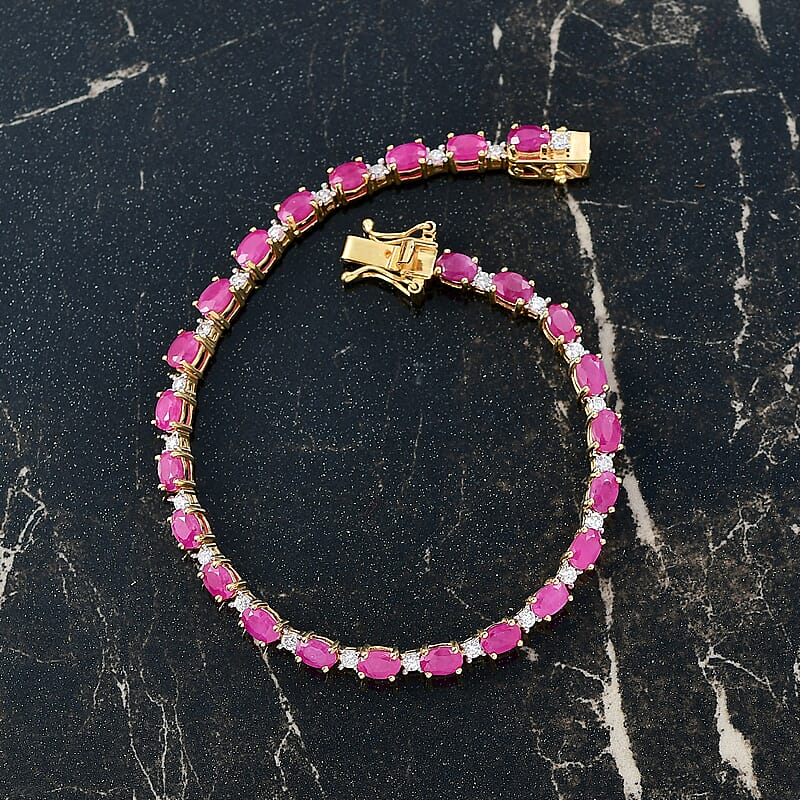 AAA Royal Ruby and Luxuriant Lab Grown Diamond G-H SI 9.75 ctw Bracelet in 18K Vermeil Yellow Gold Over Sterling Silver (7.25 In)