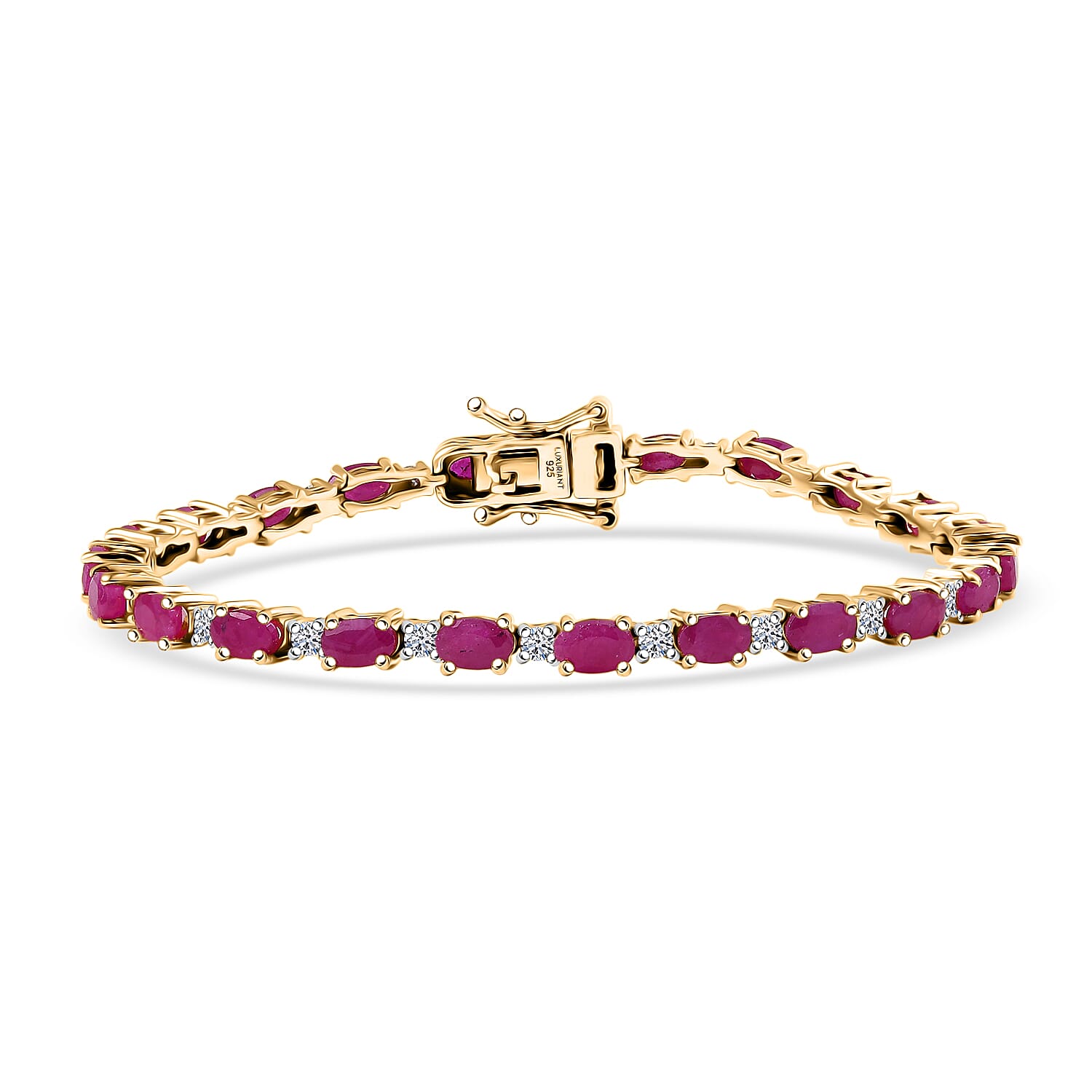 AAA Royal Ruby and Luxuriant Lab Grown Diamond G-H SI 9.75 ctw Bracelet in 18K Vermeil Yellow Gold Over Sterling Silver (7.25 In)