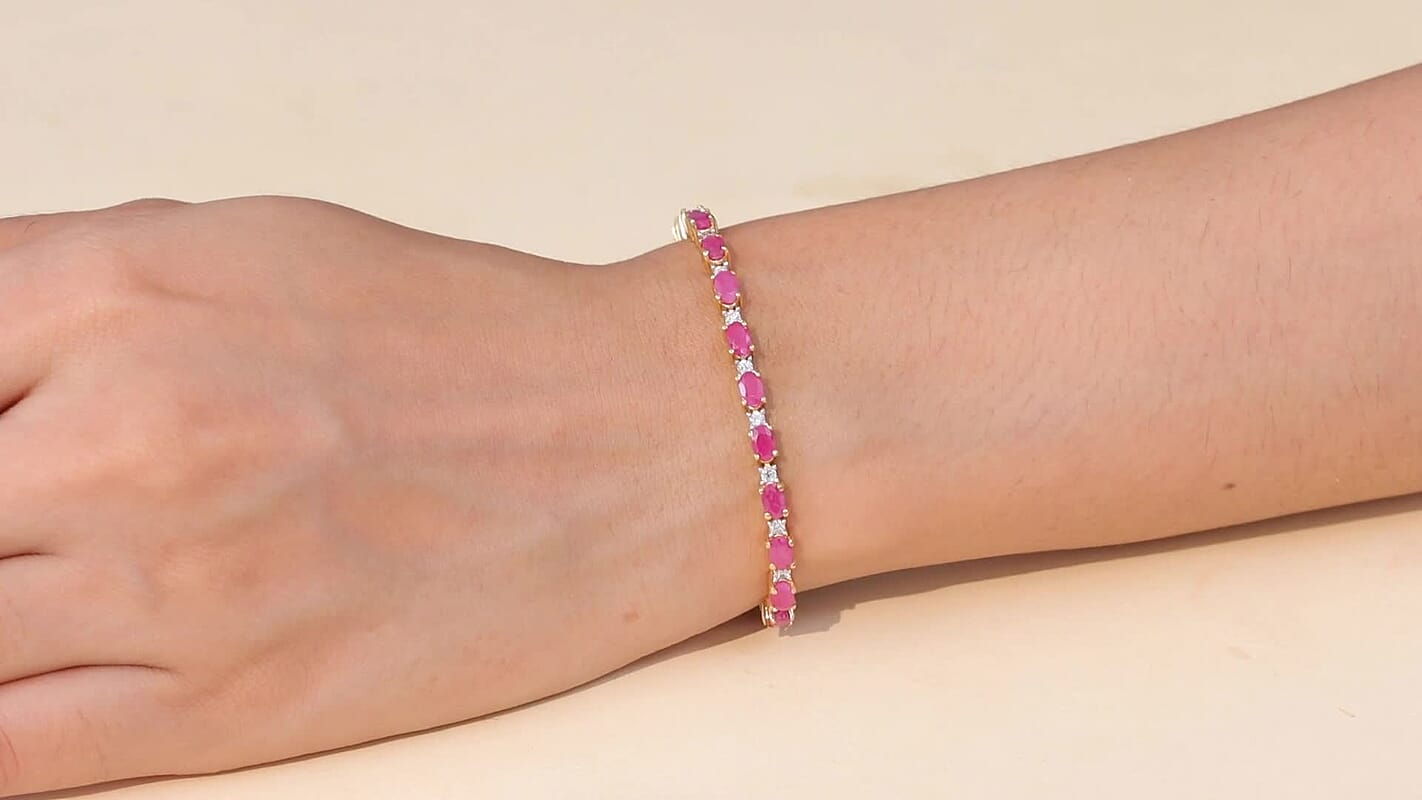 AAA Royal Ruby and Luxuriant Lab Grown Diamond G-H SI 9.75 ctw Bracelet in 18K Vermeil Yellow Gold Over Sterling Silver (7.25 In)