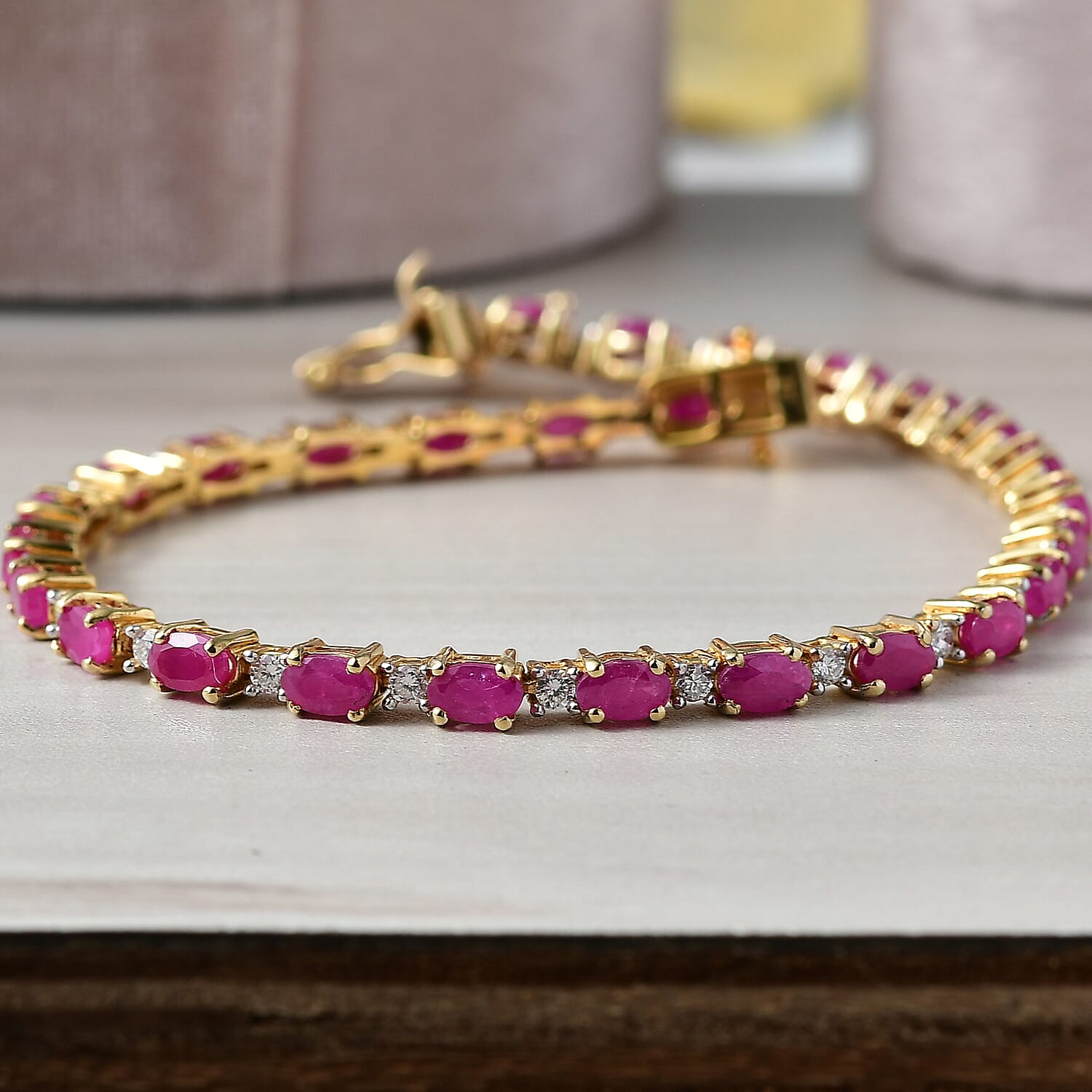 AAA Royal Ruby and Luxuriant Lab Grown Diamond G-H SI 9.75 ctw Bracelet in 18K Vermeil Yellow Gold Over Sterling Silver (7.25 In)