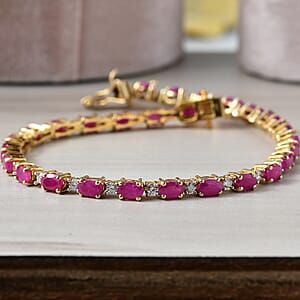 AAA Royal Ruby and Luxuriant Lab Grown Diamond 8.60 ctw Bracelet in 18K Vermeil Yellow Gold Over Sterling Silver (6.50 In)